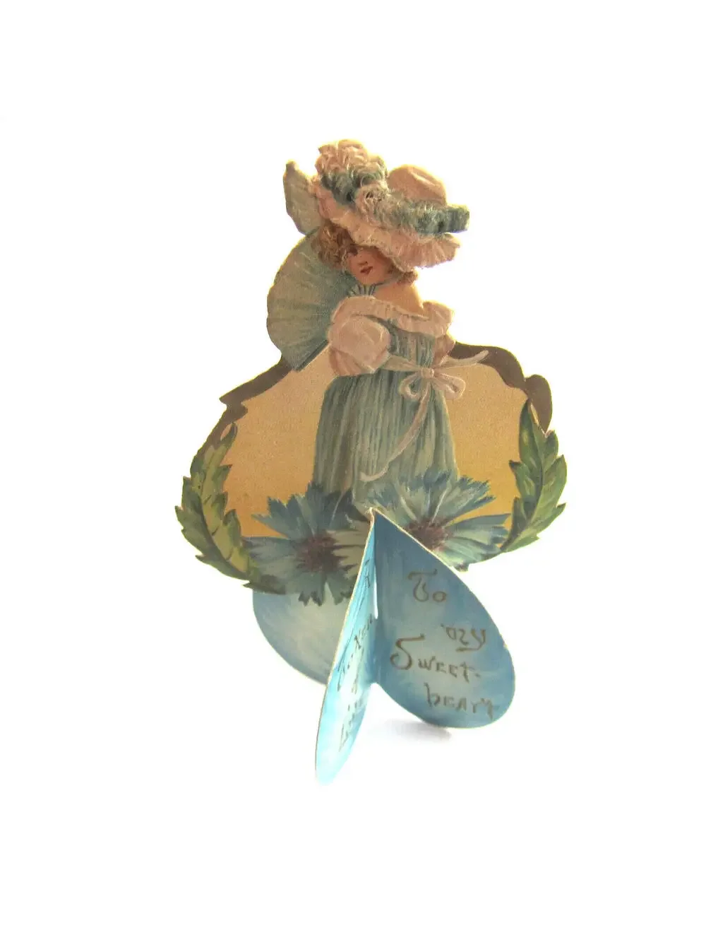 Antique Valentine Card Die Cut Stand Up Girl Hat Fan Blue Dress Flowers UNSIGNED